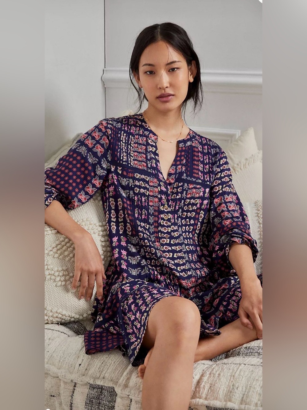 Anthropologie Diana Pintucked Tunic Dress Navy with Colorful Floral Patchwork XS